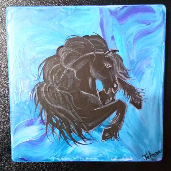 Hand Crafted Painted Friesian Horses Cerulean Blue Coasters Home Decor Interior - Picture 3 of 6